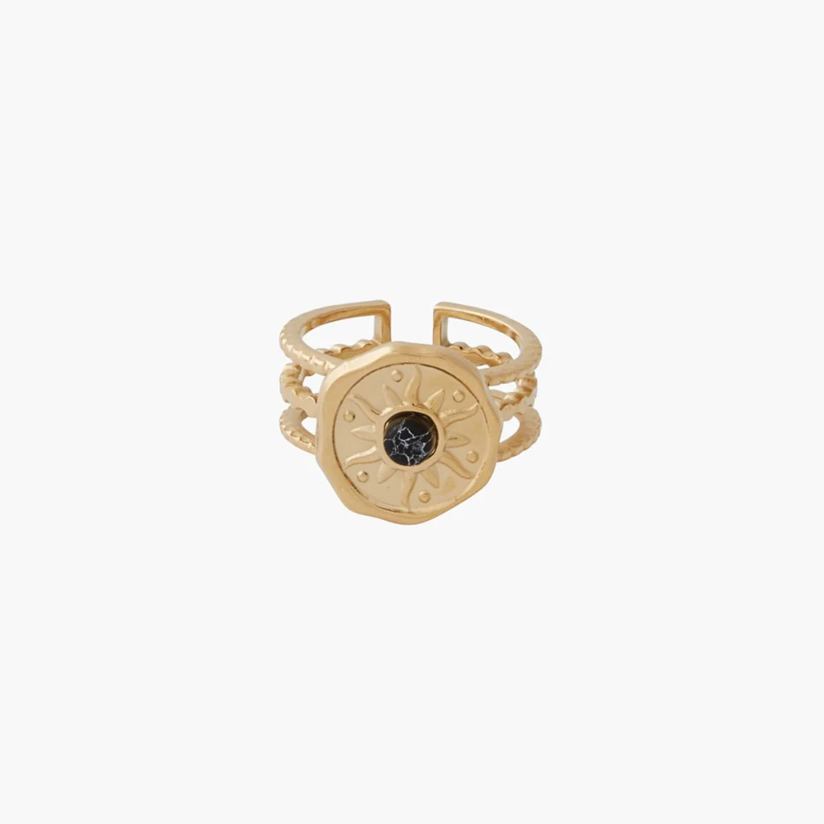 Bague médaillons pierre acier inoxydable doré