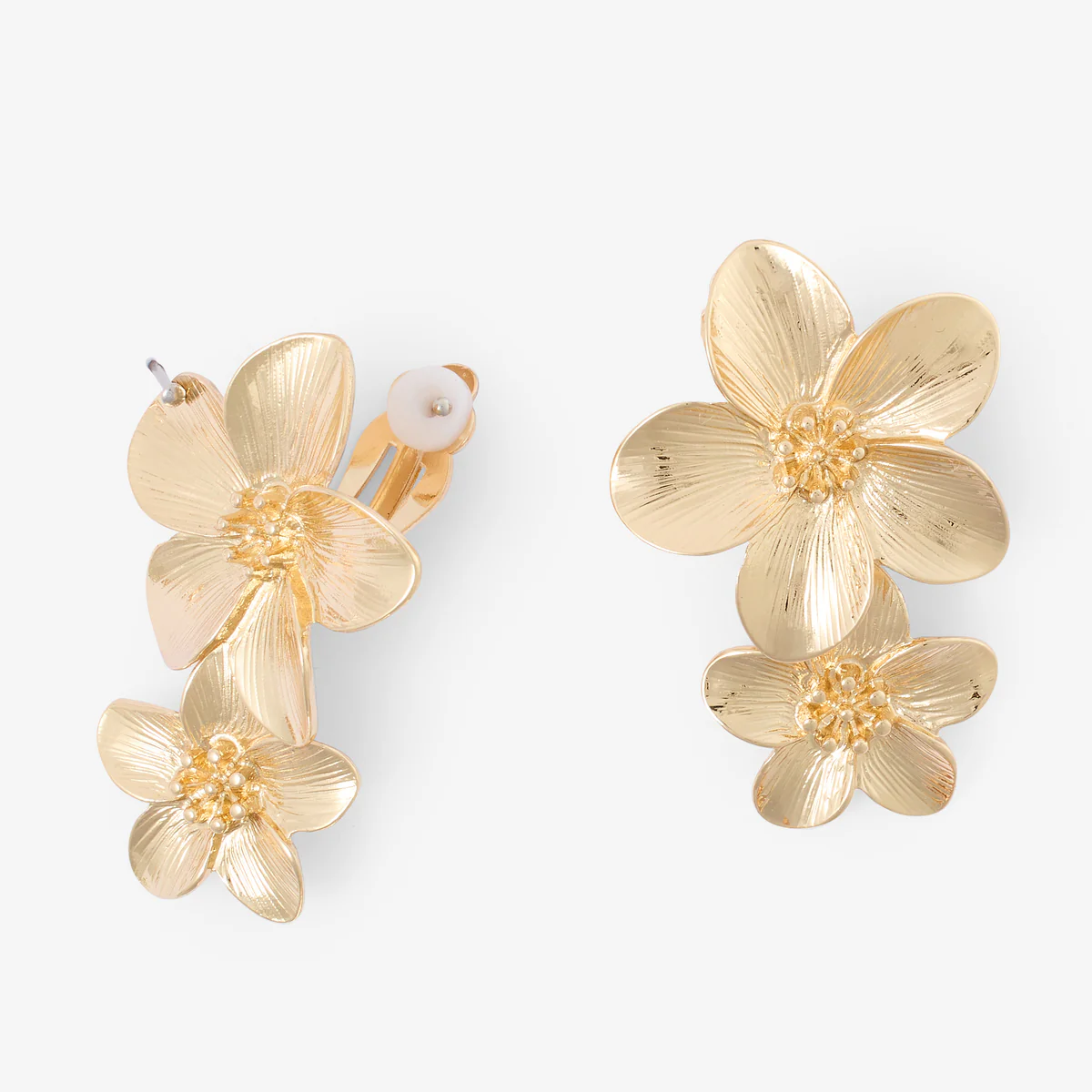 Boucles d'oreilles clips - double fleurs dorées - Image 2