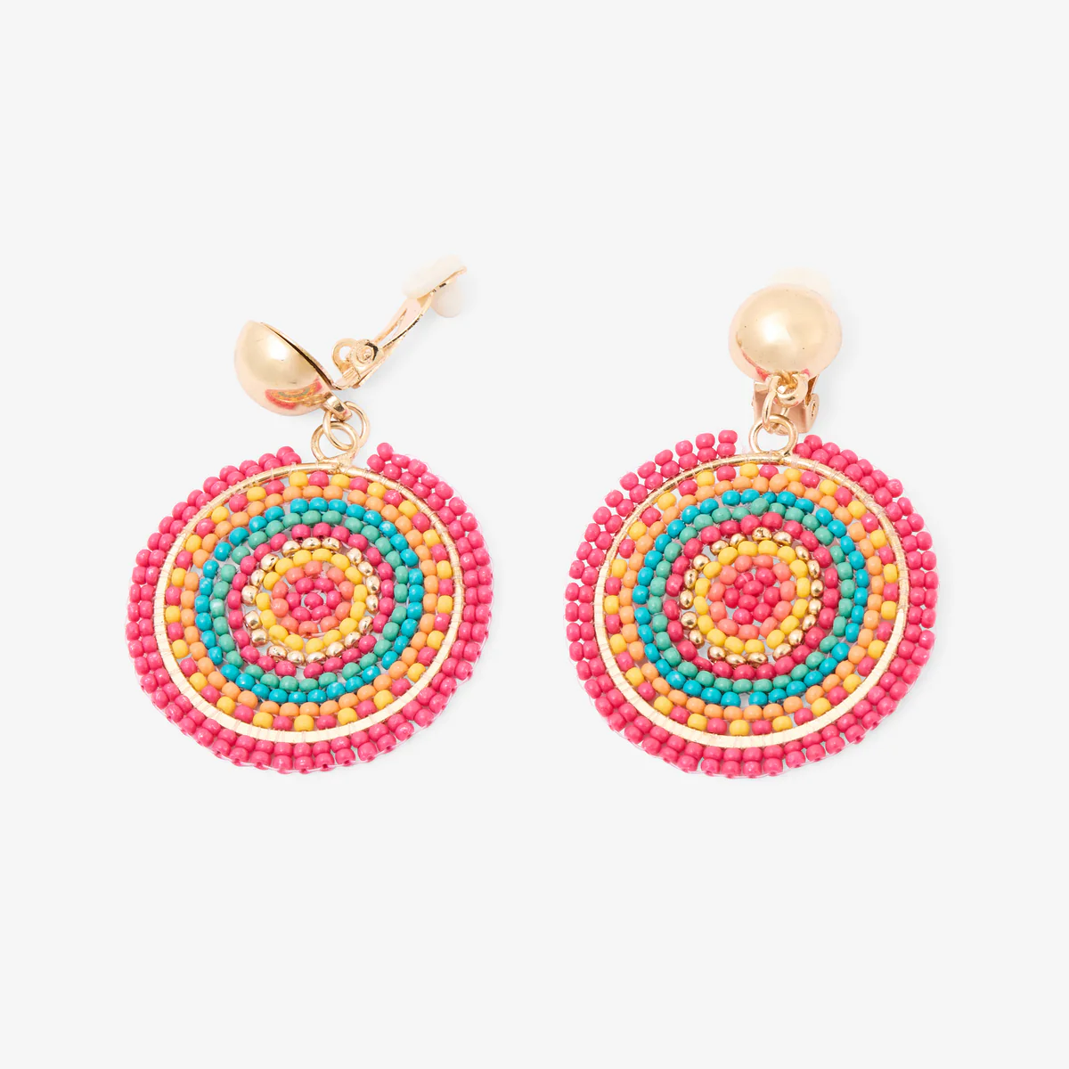 Boucles d'oreilles clips rondes perles de rocaille multicolore - Image 2