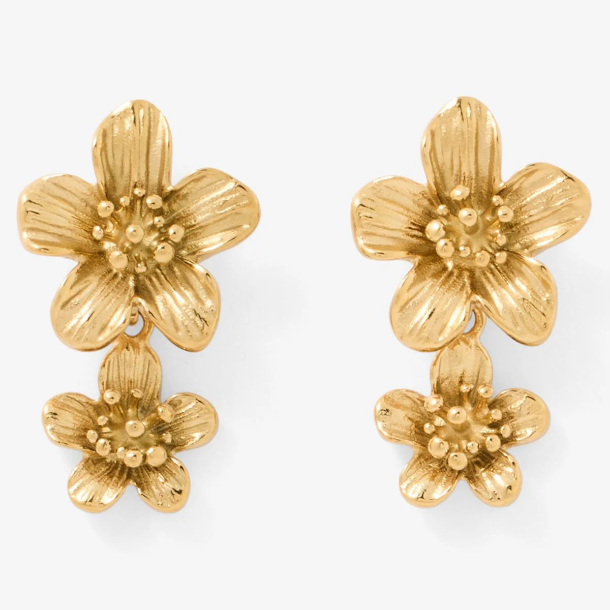 Boucles d'oreilles double fleur en acier inoxydable - Image 2