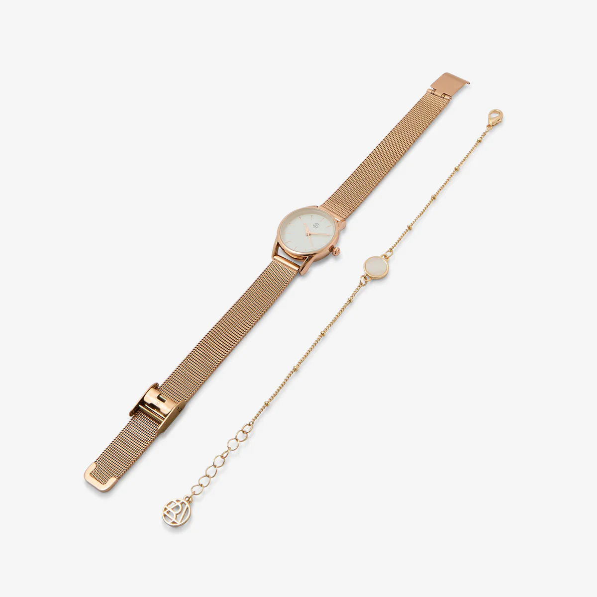 Coffret montre cadran rond bracelet maille dorée rose + bracelet - Image 2