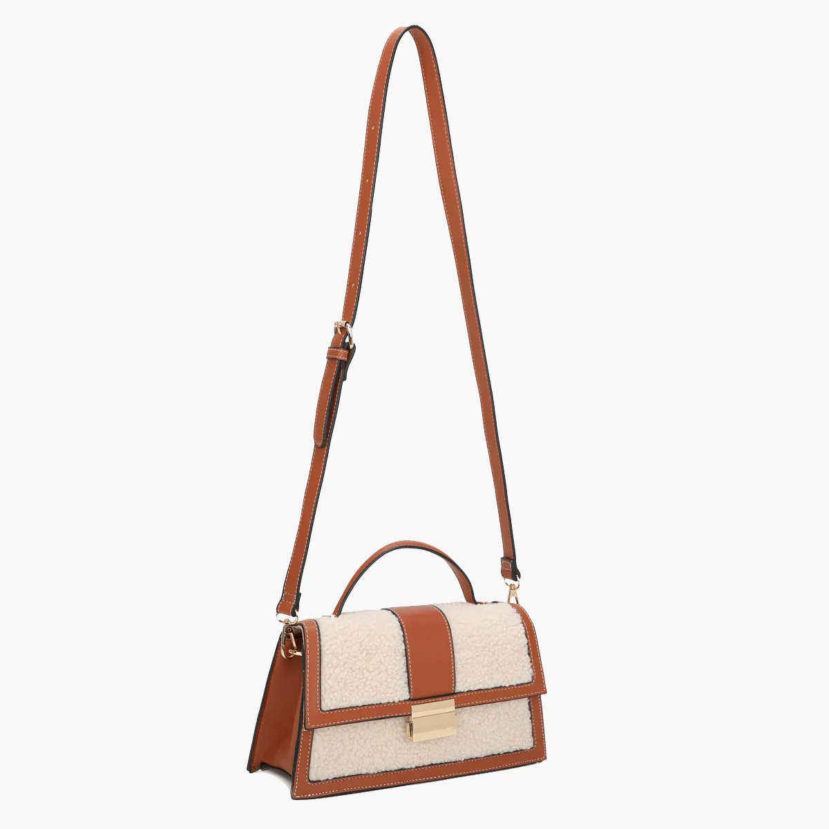 Petit sac à main effet mouton ivoire et marron - Image 4