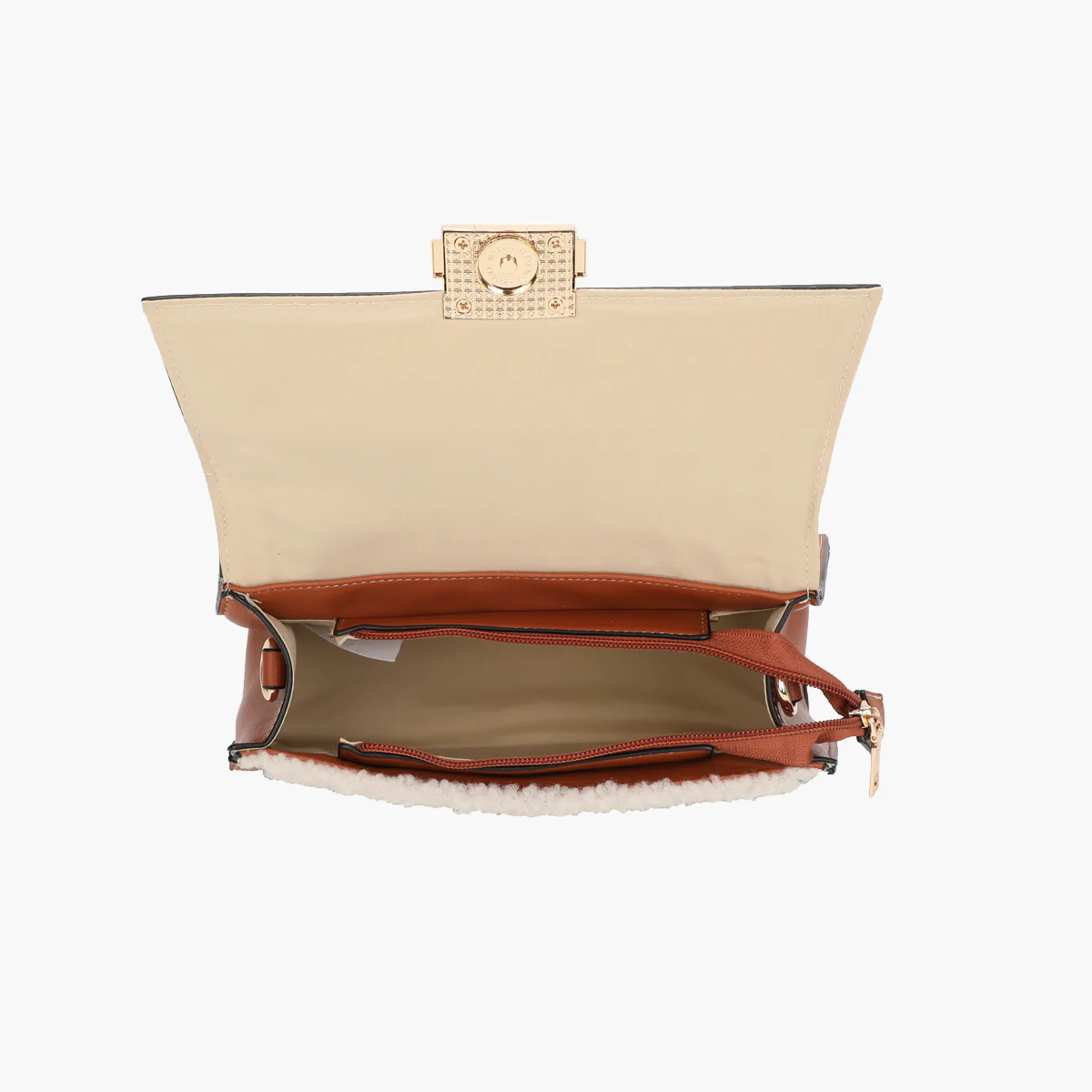 Petit sac à main effet mouton ivoire et marron - Image 5