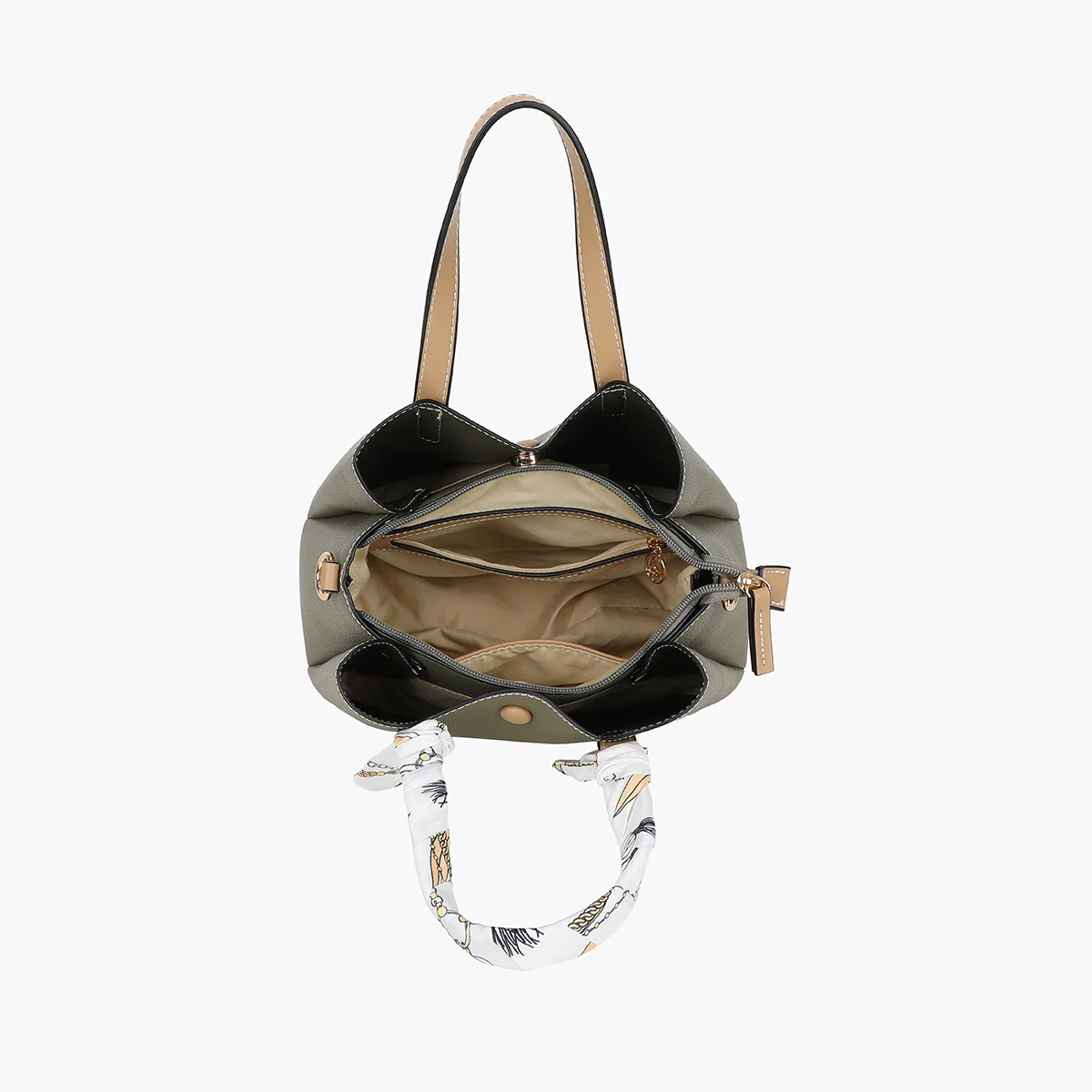 Petit sac à main kaki bicolor effet grainé avec foulard - Image 4