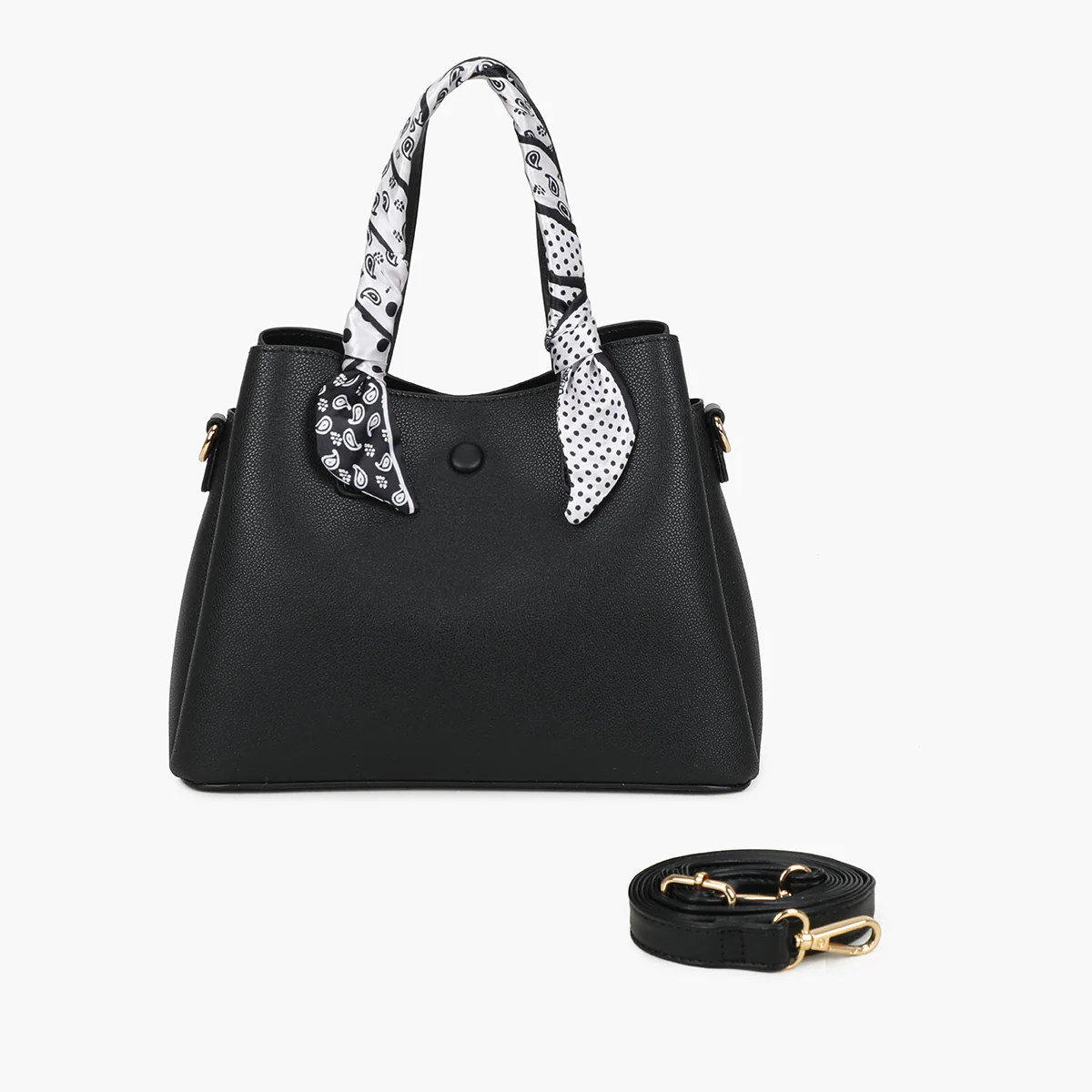Petit sac à main noir bicolor effet grainé avec foulard