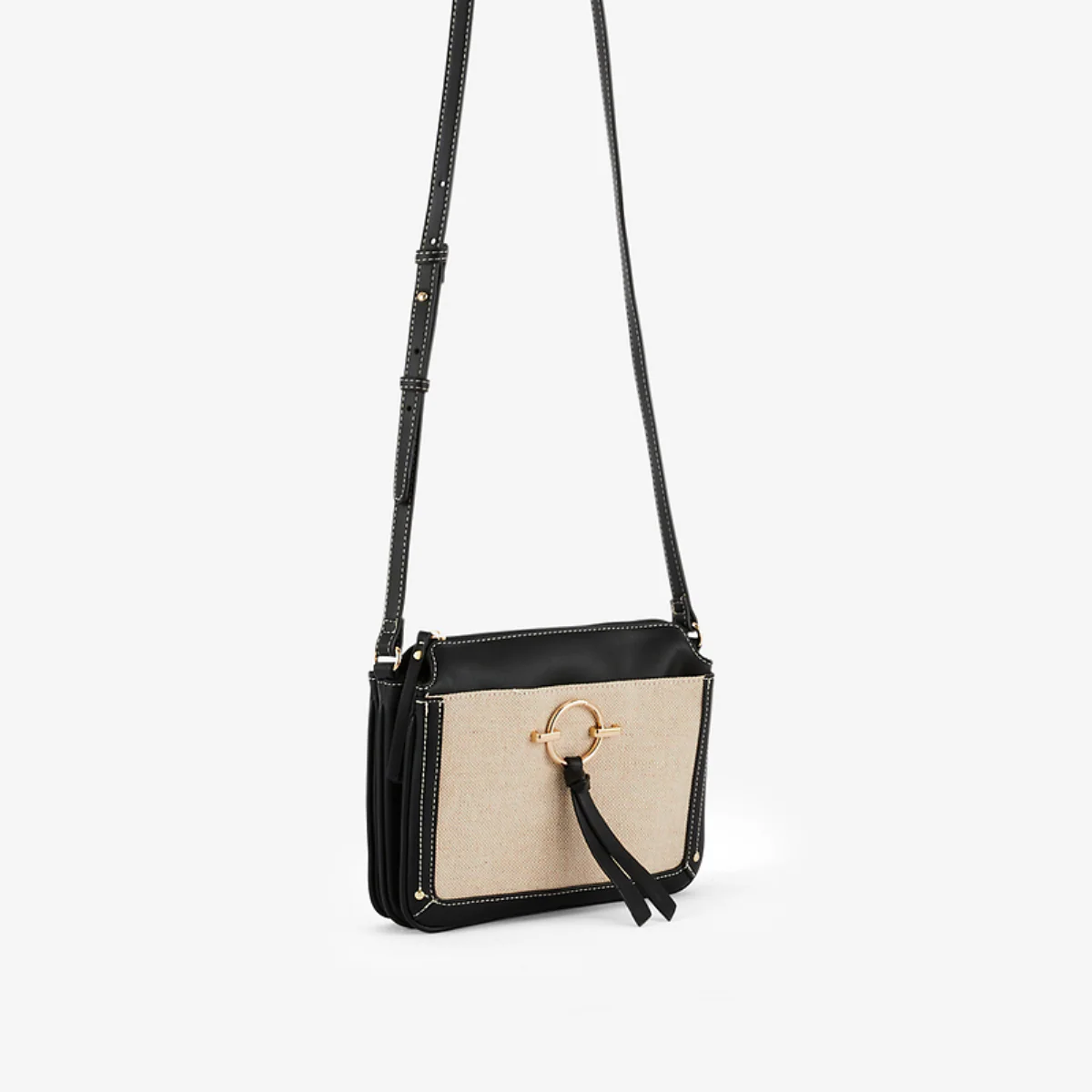 Sac à bandoulière bi-matière noir et écru - Image 4