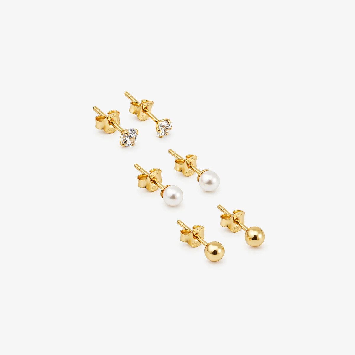 Set 3 paires de puces d'oreilles boules perle et zircon - argent 925 doré - Image 2