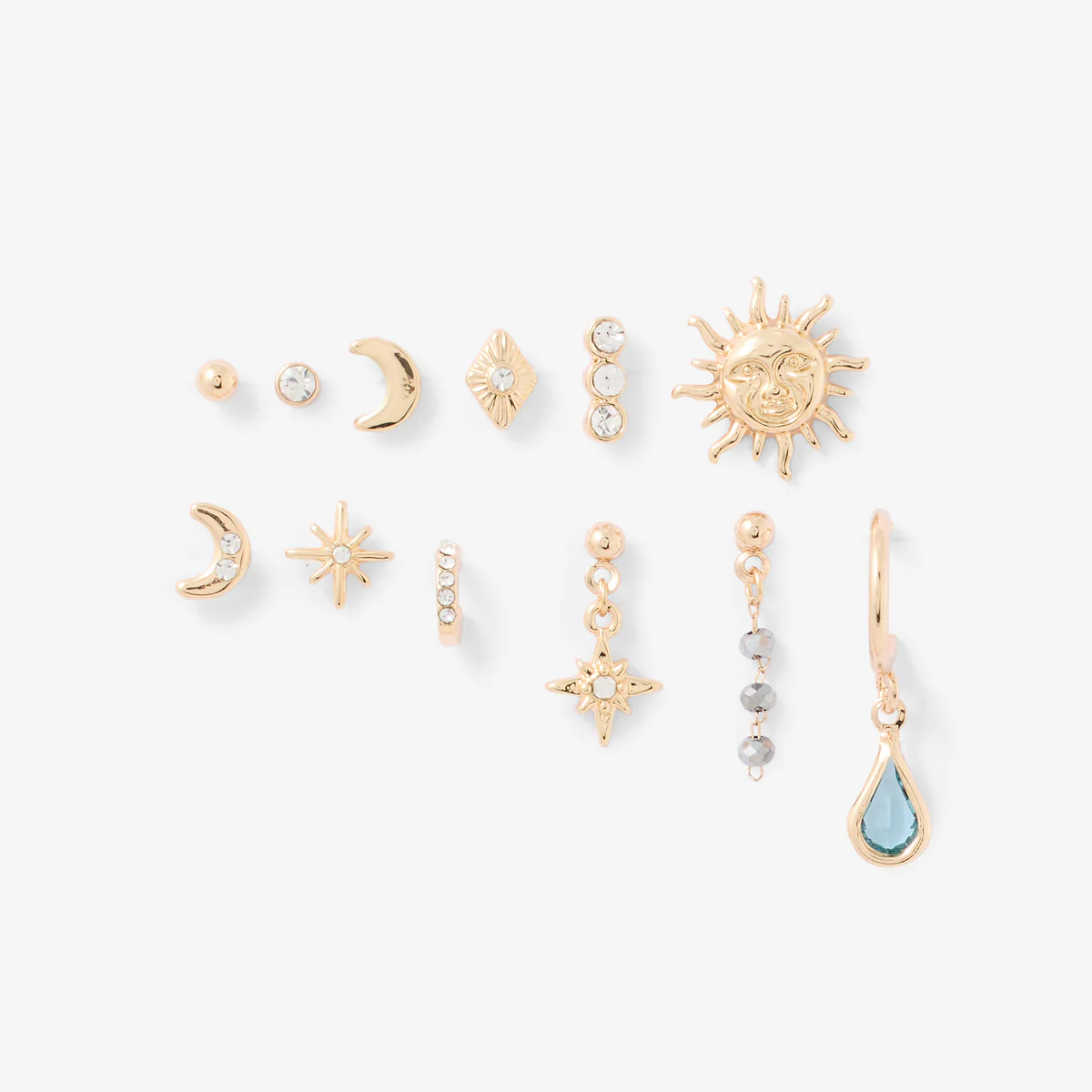 Set de 12 puces d'oreilles dépareillées lune et soleil