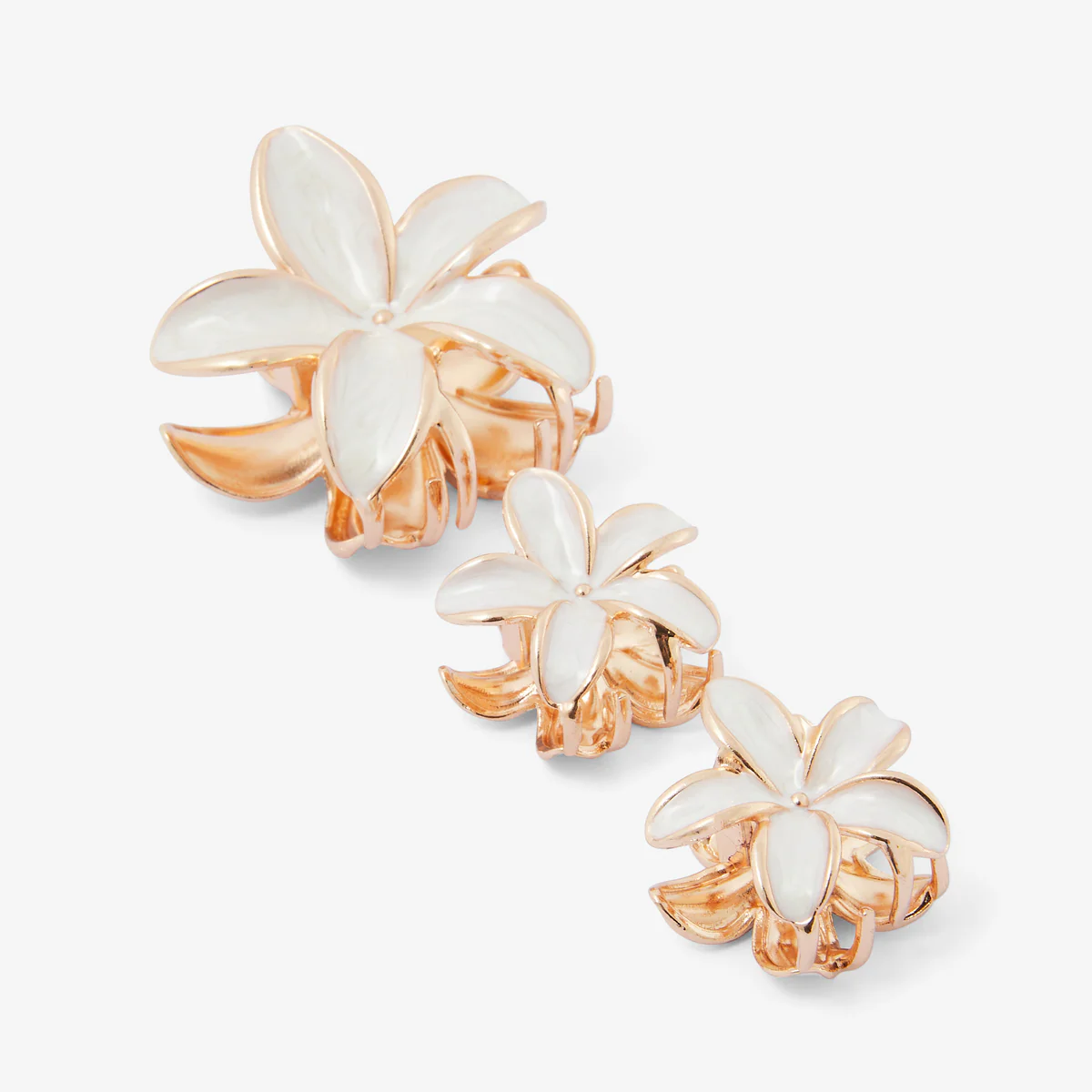Set de 3 pinces à cheveux fleurs blanches et dorées - Image 2
