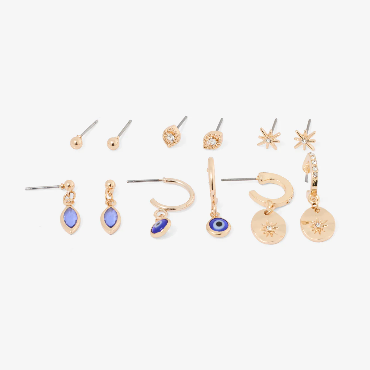Set x6 paires boucles d'oreilles : puces et créoles œil bleu - Image 2